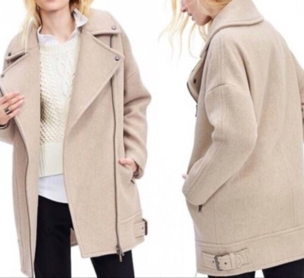 Banana Republic Coat Women's Large Neutral Moto Cocoon Buckle Zip Wool Blend